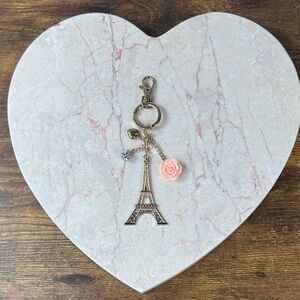 Paris Eiffel Tower Keychain with Pink Rose Charm
